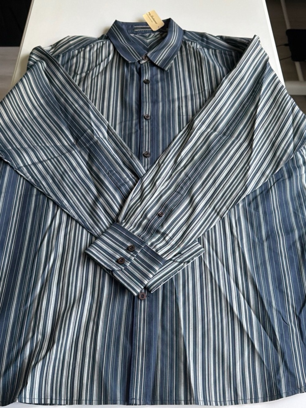 Tommy Bahama Navy and White Striped Button-Down 100% Silk Shirt